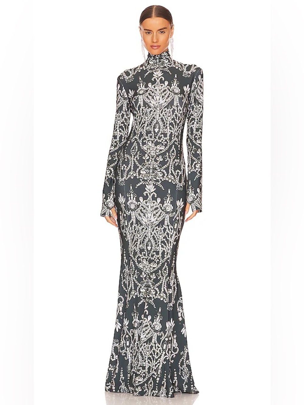 Norma Kamali Long Sleeve Turtle Fishtail Gown Maxi Dress Dark Jewels XL $350